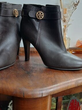 Tory Burch Dark Brown Leather Ankle Booties with Gold Logo Button